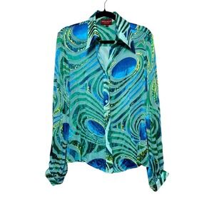 Robert Graham Blue-Green Printed Silk Blouse